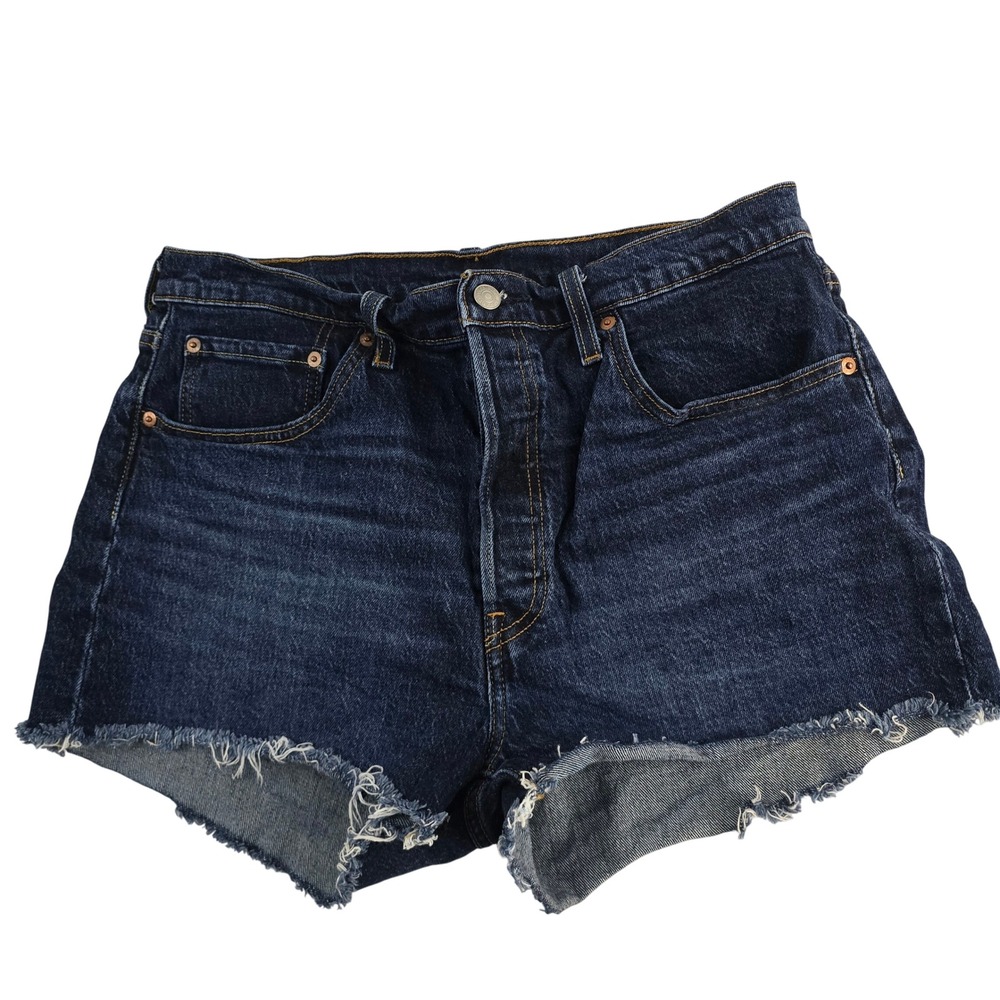 Levi's 501 High Rise Denim Jean Shorts Raw Hem Dark Wash Womens‎